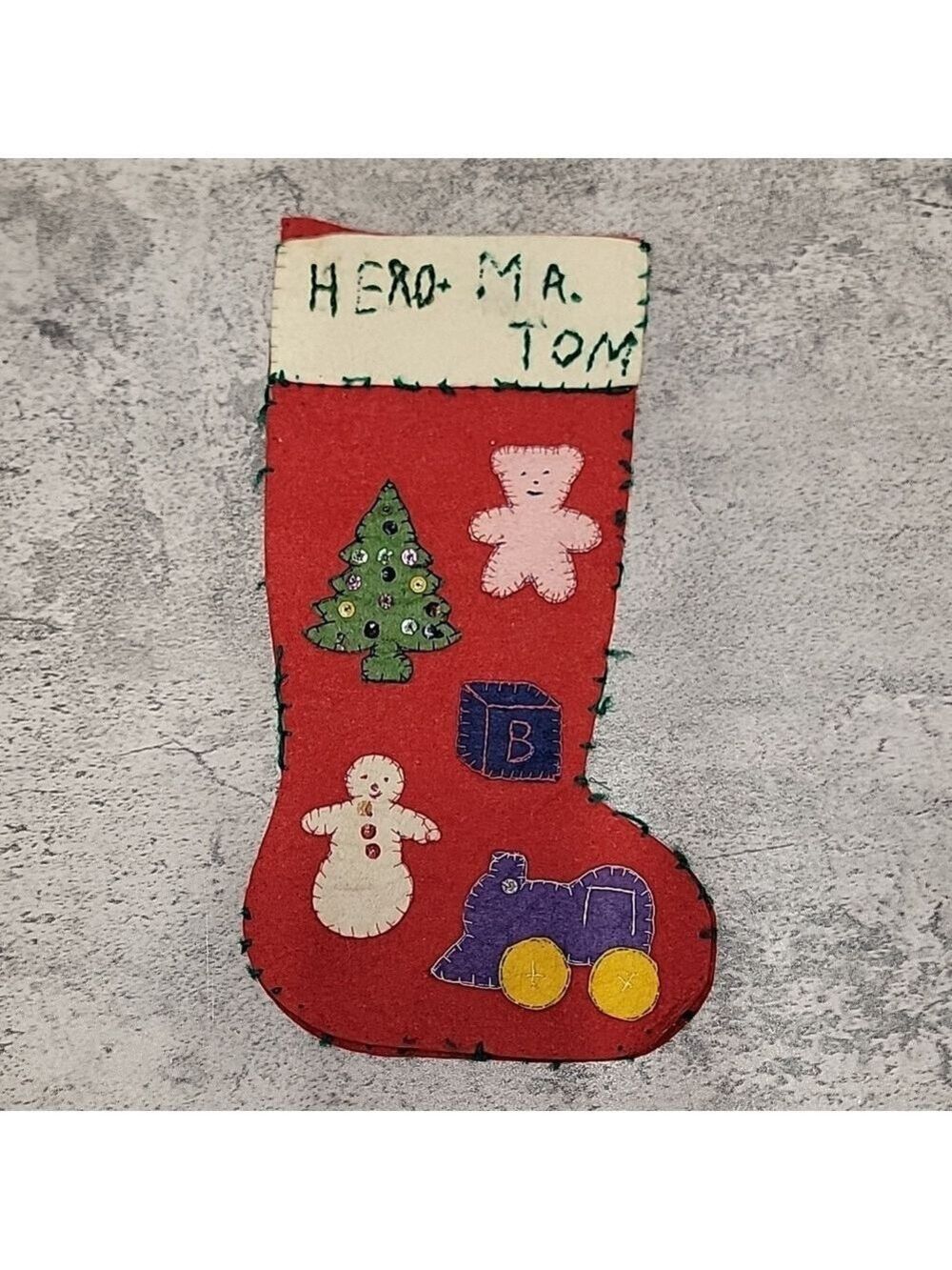 Vintage Felt handmade Chritmas Stocking Hero Mr. Tom